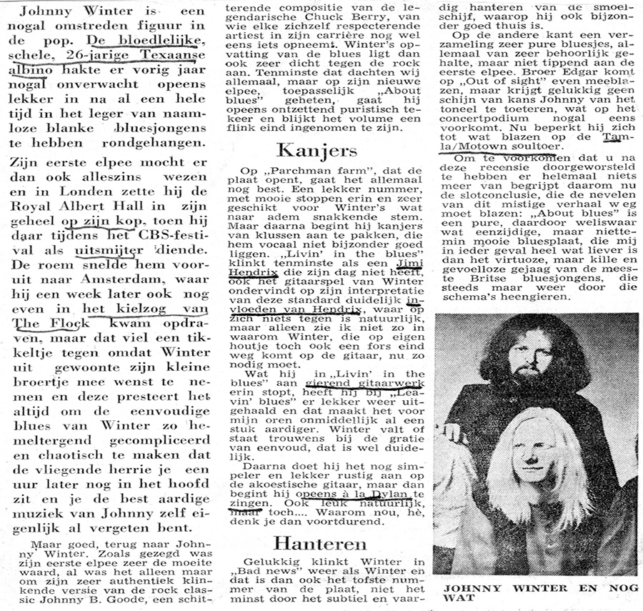 Dutch "Telegraaf" Newspaper Article on JOHNNY WINTER - About Blues 